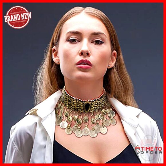 Afghan Tribal Coin Choker Necklace – Boho Festival Jewelry  Antique Oxidized Metal Choker Necklace with Engraved Coins and Glass Beads